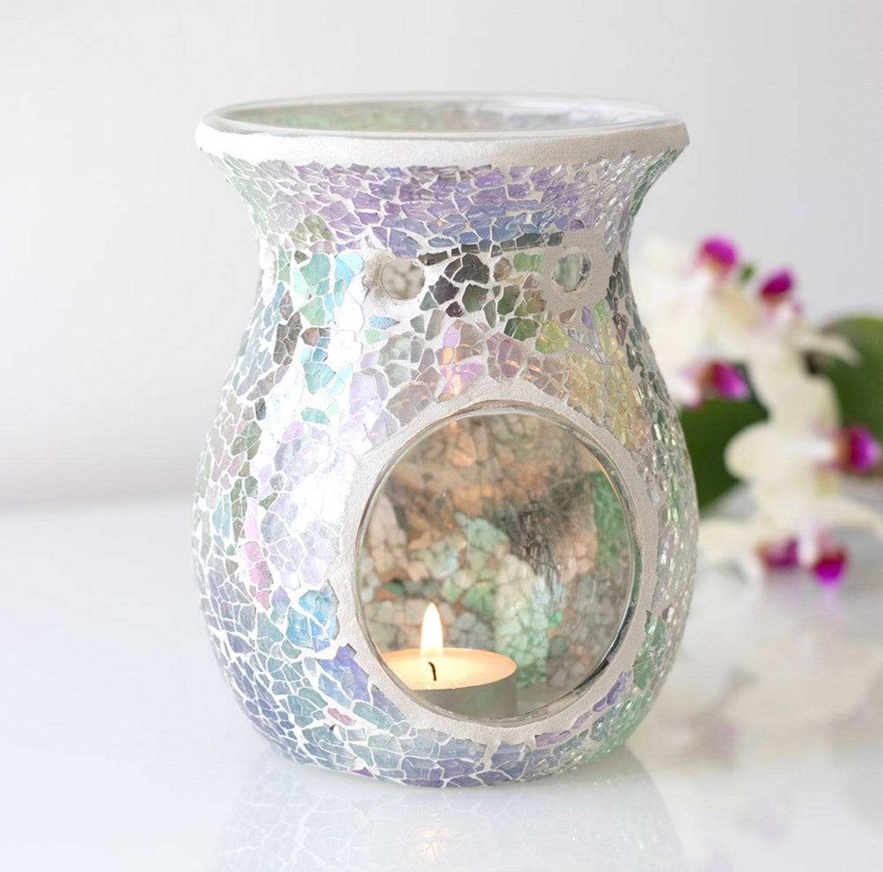 LARGE LIGHT BLUE IRIDESCENT CRACKLE OIL BURNER